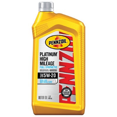 Pennzoil Platinum High Mileage Full Synthetic 5W-20 Motor Oil — 1 Quart bottle shown; sold in a six-pack product photo