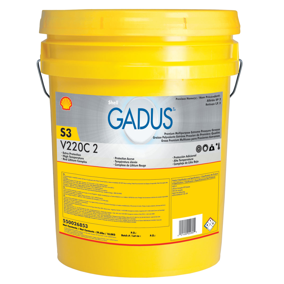 Shell Gadus S3 V220C NLGI 2 Grease, 18 kg Pail