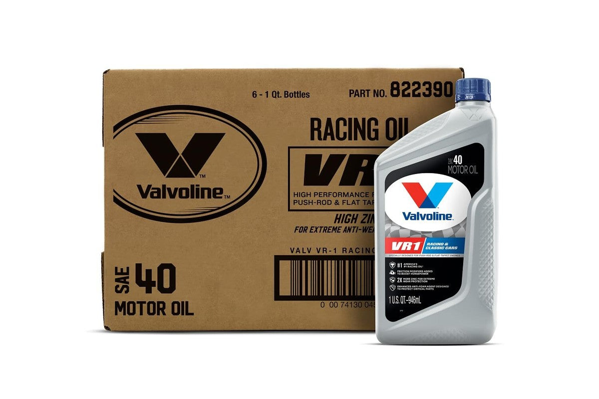 Valvoline VR1 Racing SAE 40 — full box of six 1-quart bottles; front bottle shows included contents.