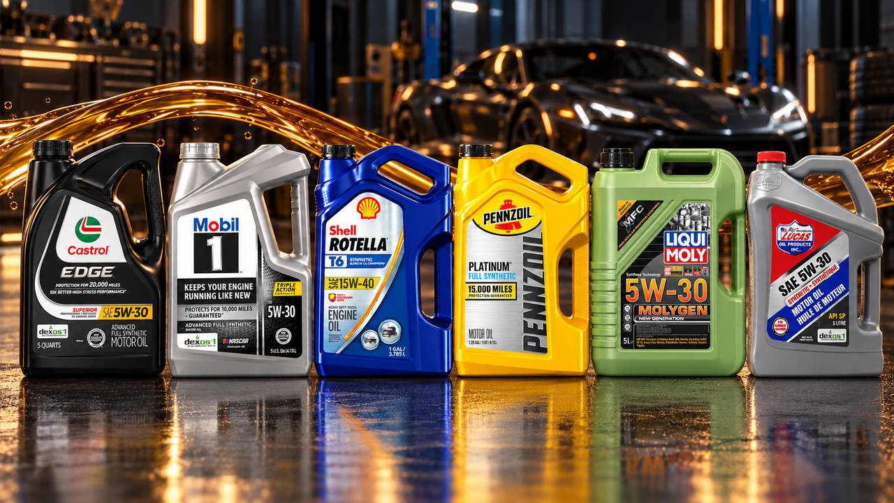 Castrol, Mobil 1, Shell Rotella, Pennzoil, LIQUI MOLY and Lucas Oil containers in a garage setting